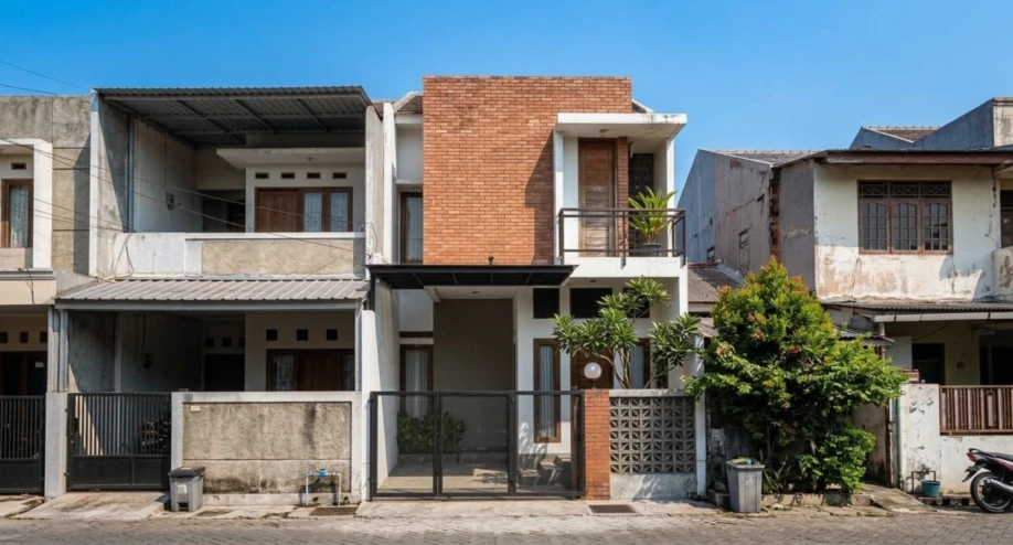 Desain Rumah Minimalis Industrial Dua Lantai dengan Bata Ekspos - tampak eksterior