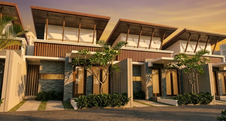 Desain Townhouse Modern Tropis dengan Atap Kantilever - tampak eksterior