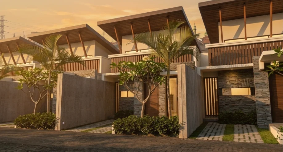 Desain Townhouse Modern Tropis dengan Atap Kantilever - tampak eksterior