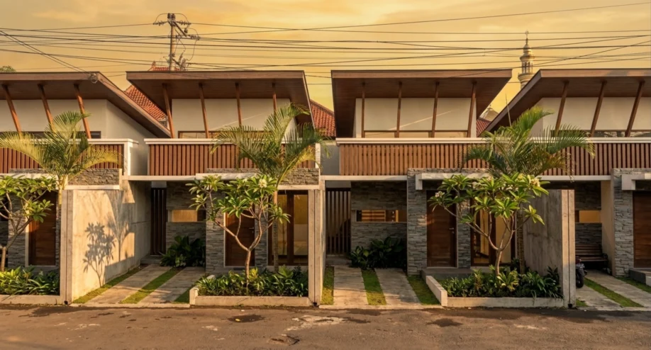 Desain Townhouse Modern Tropis dengan Atap Kantilever - tampak eksterior