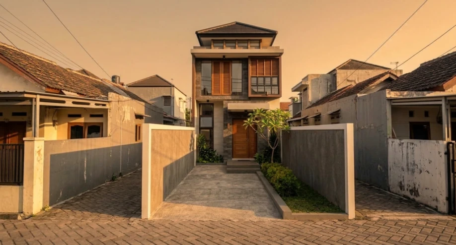 Desain Rumah Modern Tropis Dua Lantai di Lahan Sempit - tampak eksterior