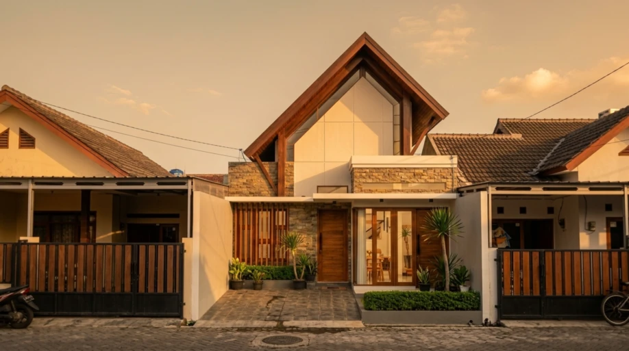 Desain Rumah Modern Tropis dengan Atap Pelana Asimetris - tampak eksterior