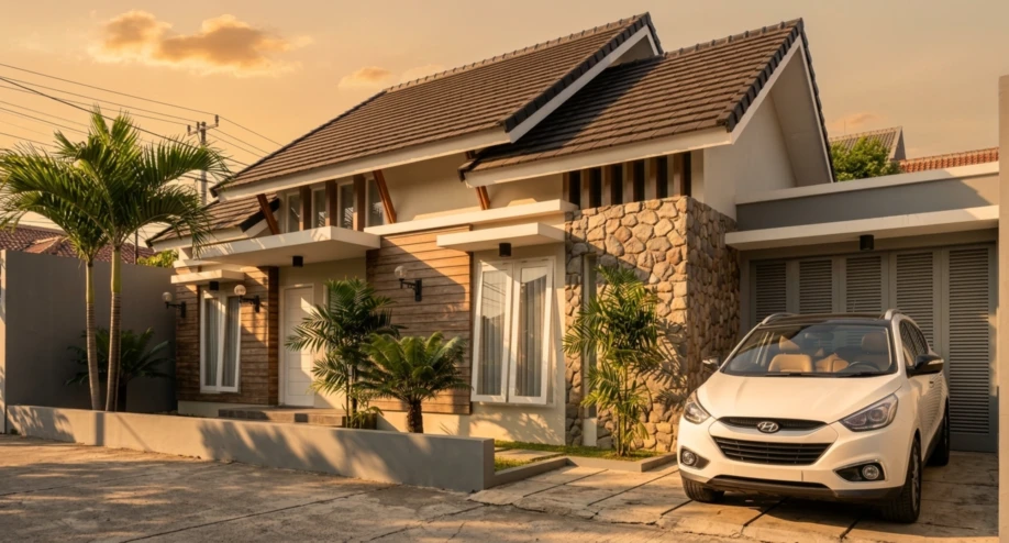 Desain Rumah Modern Tropis dengan Atap Pelana Bertingkat - tampak eksterior