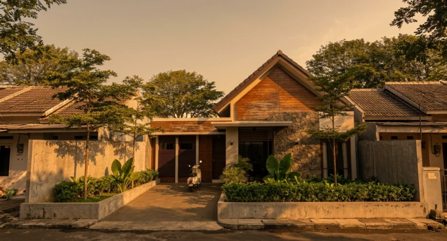 Desain Rumah Modern Tropis Satu Lantai dengan Gevel Kayu - tampak eksterior