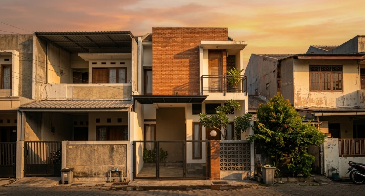 Desain Rumah Minimalis Industrial Dua Lantai dengan Bata Ekspos - tampak eksterior