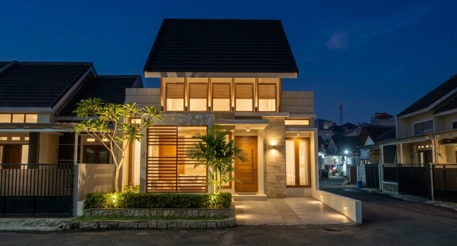 Desain Rumah Modern Tropis Lahan Sudut - suasana malam