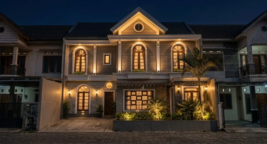 Desain Rumah Klasik Modern Dua Lantai dengan Jendela Lengkung - suasana malam