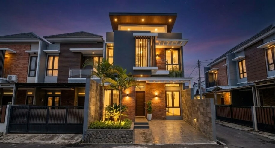 Desain Rumah Modern Kontemporer Dua Lantai dengan Secondary Skin - suasana malam