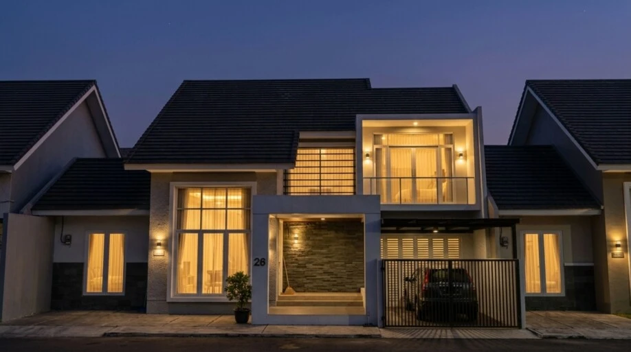 Desain Rumah Modern Tropis dengan Atap Bertingkat dan Balkon Kaca - suasana malam