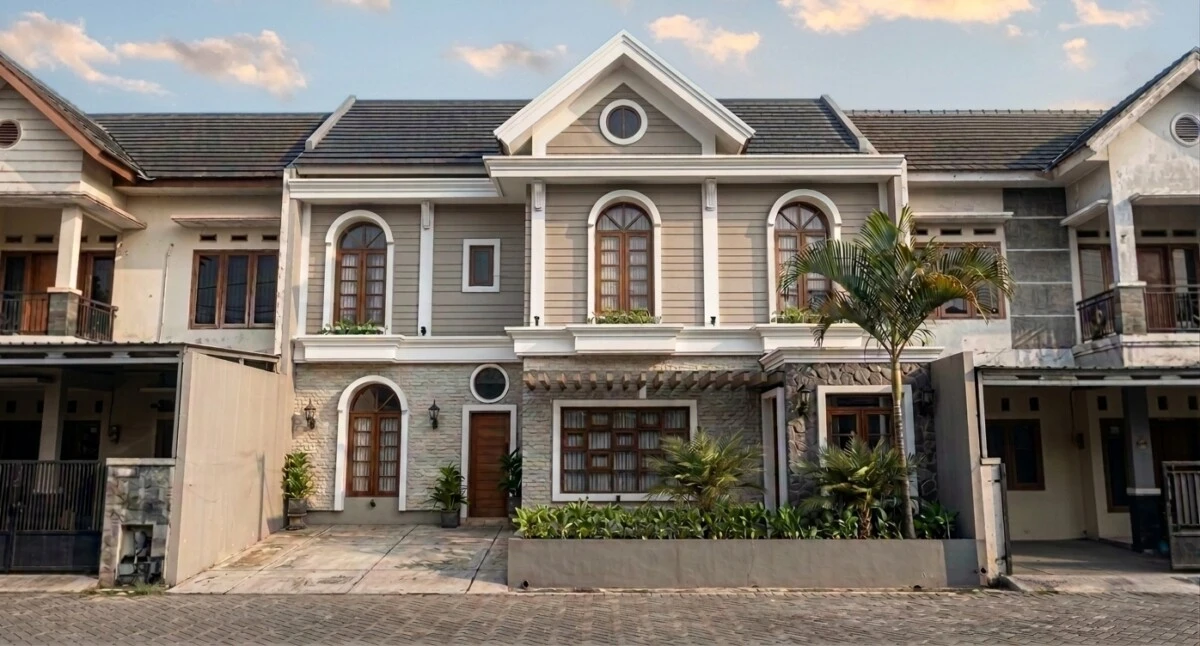 Desain Rumah Klasik Modern Dua Lantai dengan Jendela Lengkung - tampak eksterior