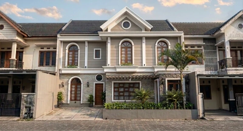 Desain Rumah Klasik Modern Dua Lantai dengan Jendela Lengkung - tampak eksterior