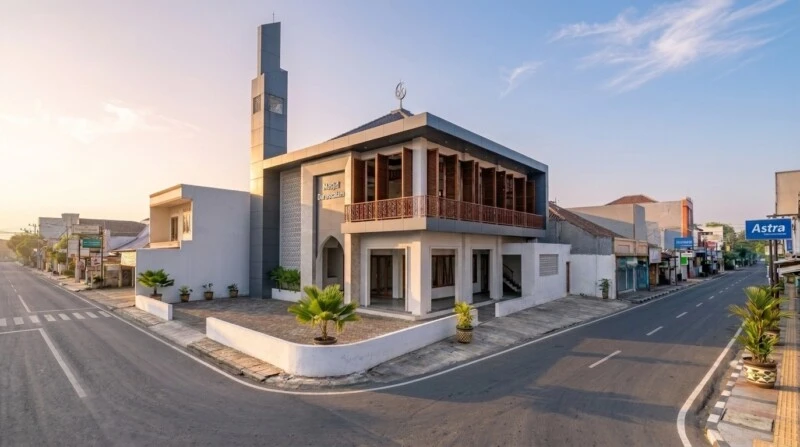 Desain Masjid Modern Dua Lantai di Lahan Sudut - tampak utama