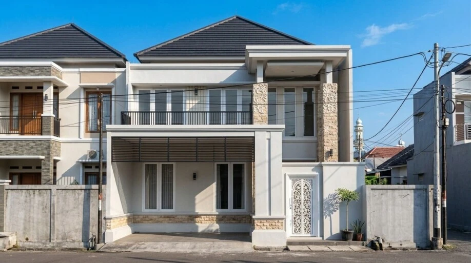 Desain Rumah Klasik Modern Dua Lantai dengan Secondary Skin