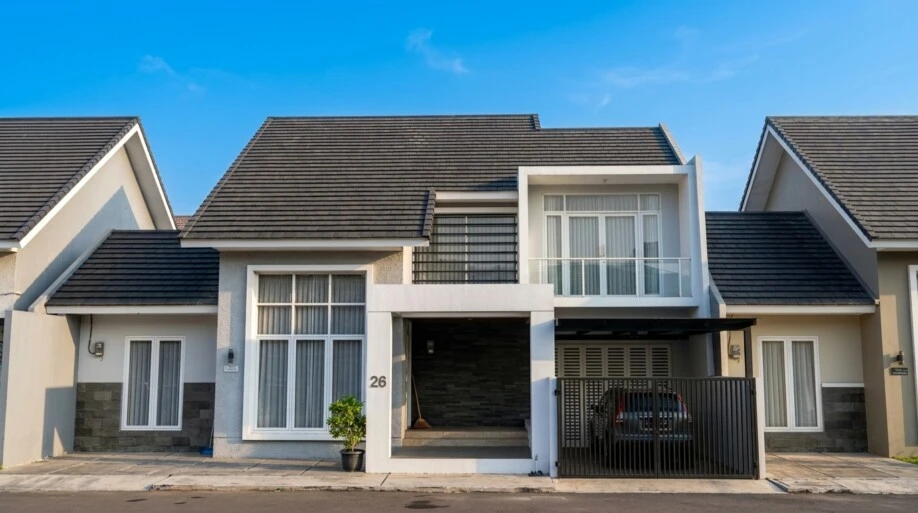 Desain Rumah Modern Tropis dengan Atap Bertingkat dan Balkon Kaca - suasana siang
