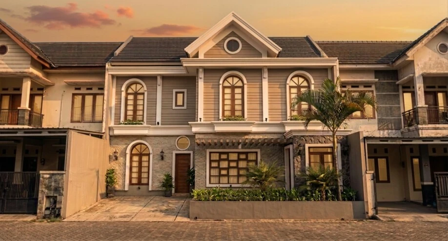 Desain Rumah Klasik Modern Dua Lantai dengan Jendela Lengkung - detail fasad