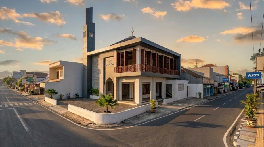 Desain Masjid Modern Dua Lantai di Lahan Sudut - detail fasad