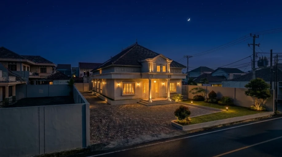 Desain Rumah Klasik Tropis Satu Lantai dengan Halaman Luas - suasana malam