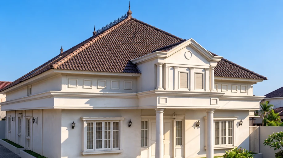 Desain Rumah Klasik Tropis Satu Lantai dengan Halaman Luas - detail fasad