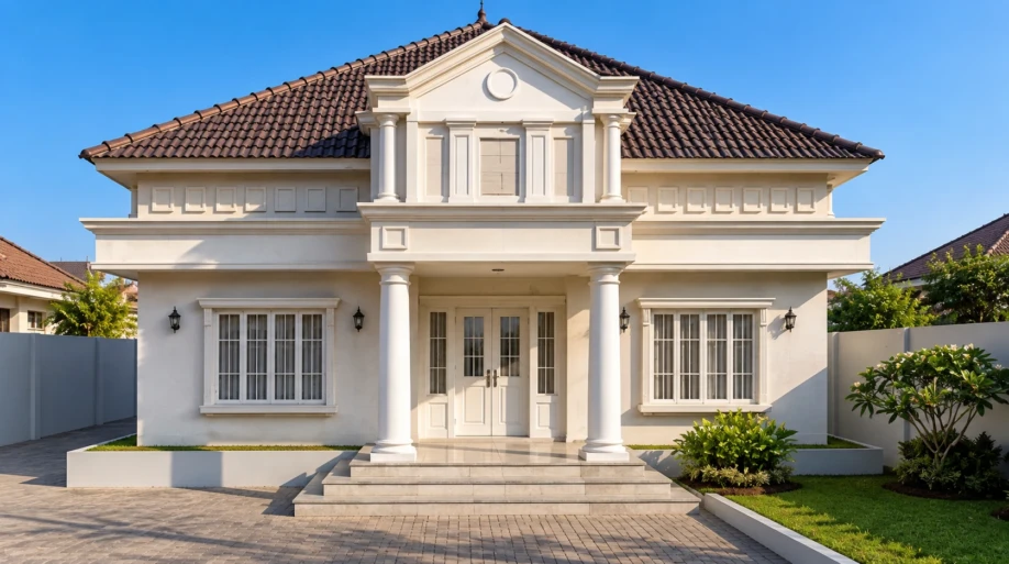 Desain Rumah Klasik Tropis Satu Lantai dengan Halaman Luas - tampak depan