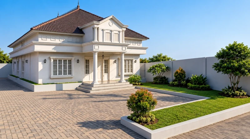 Desain Rumah Klasik Tropis Satu Lantai dengan Halaman Luas - tampak eksterior