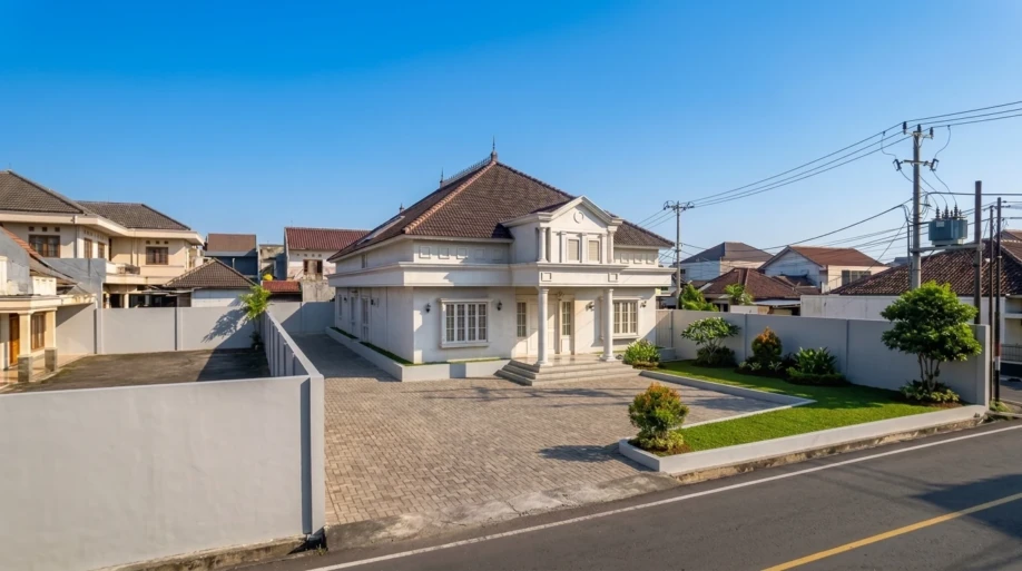 Desain Rumah Klasik Tropis Satu Lantai dengan Halaman Luas - suasana siang