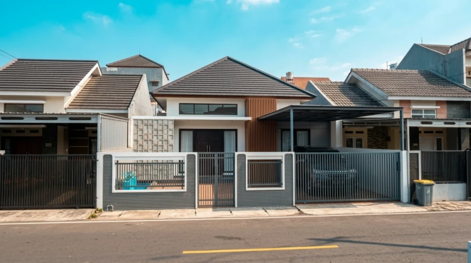 Desain Rumah Modern Tropis Satu Lantai dengan Roster dan Kisi Kayu - suasana siang