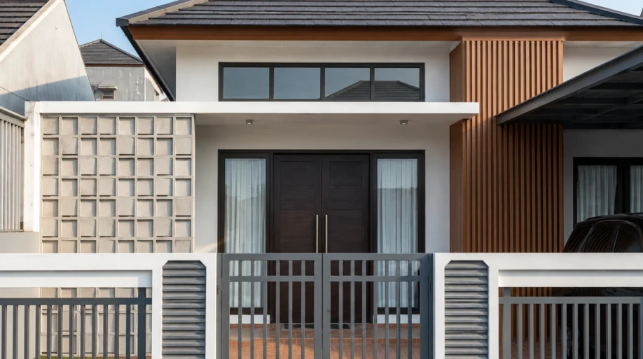 Desain Rumah Modern Tropis Satu Lantai dengan Roster dan Kisi Kayu - detail fasad