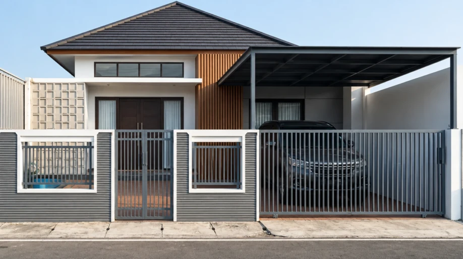 Desain Rumah Modern Tropis Satu Lantai dengan Roster dan Kisi Kayu - tampak depan