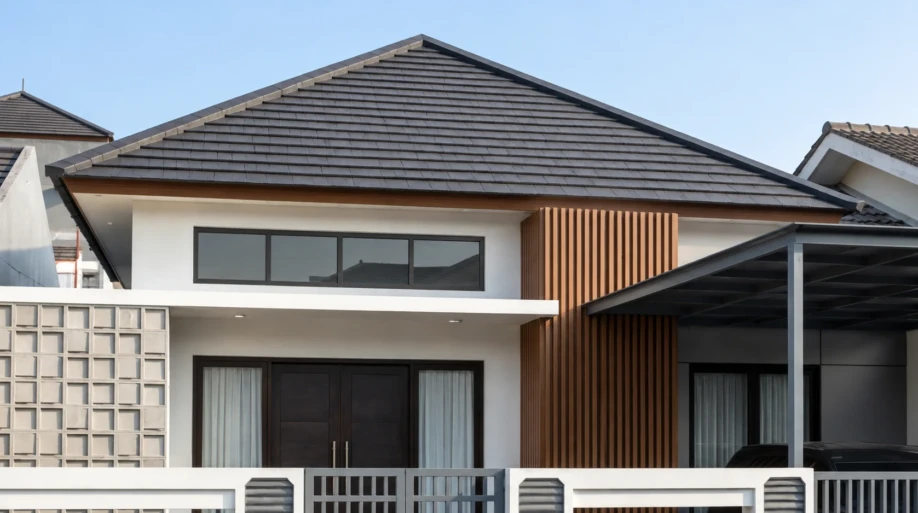 Desain Rumah Modern Tropis Satu Lantai dengan Roster dan Kisi Kayu - detail fasad