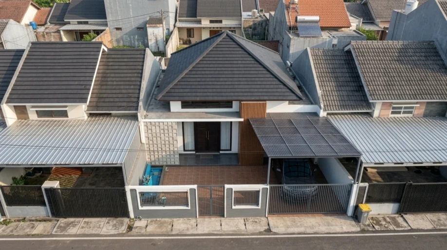 Desain Rumah Modern Tropis Satu Lantai dengan Roster dan Kisi Kayu - tampak eksterior