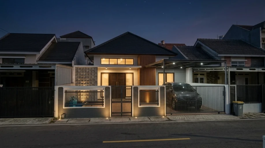 Desain Rumah Modern Tropis Satu Lantai dengan Roster dan Kisi Kayu - suasana malam