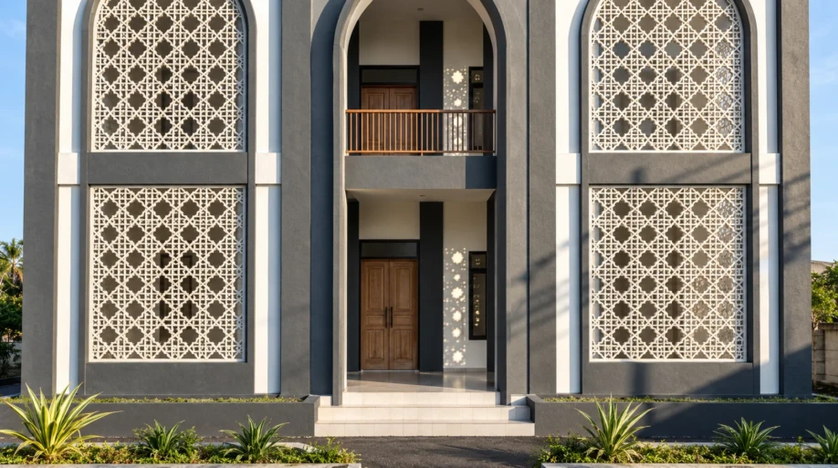 Desain Pondok Pesantren Modern Dua Lantai dengan Roster Islami - detail fasad
