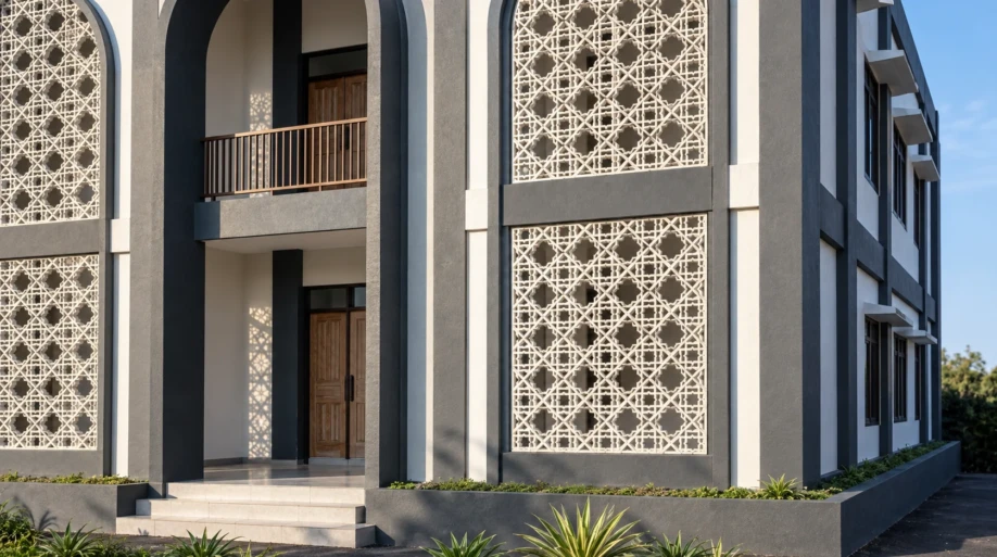 Desain Pondok Pesantren Modern Dua Lantai dengan Roster Islami - detail fasad