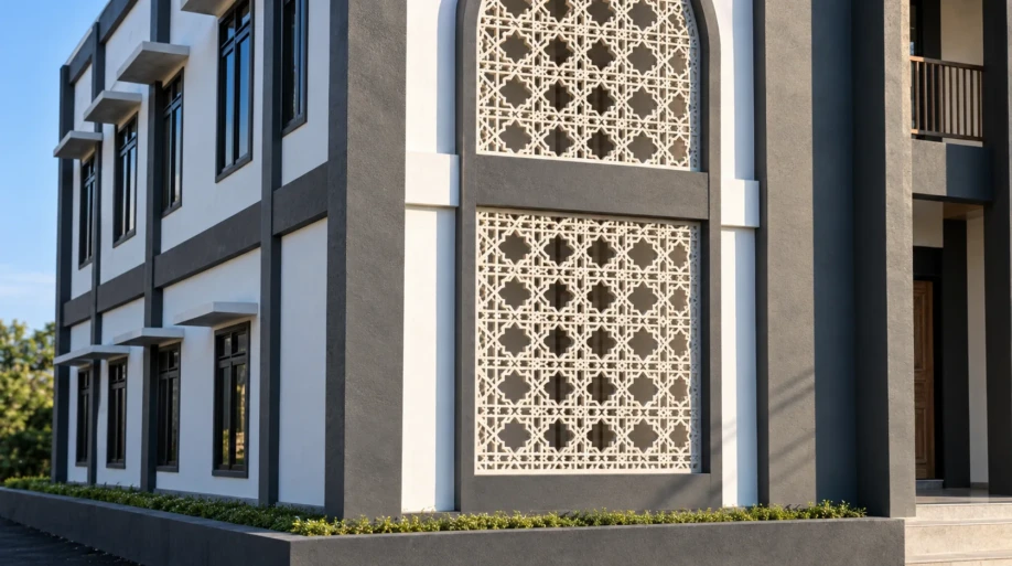 Desain Pondok Pesantren Modern Dua Lantai dengan Roster Islami - detail fasad