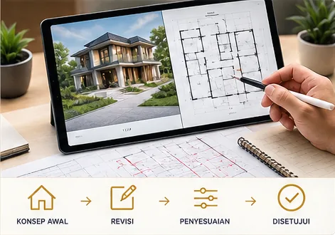Ilustrasi proses revisi desain arsitektur